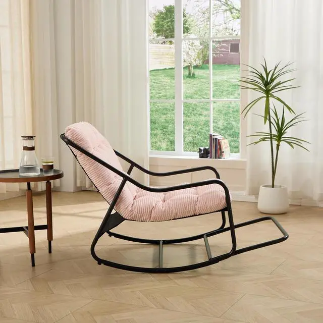 Alt view image 5 of 7 - Outdoor Patio Rocking Chair with Removable Cushion, Armless Accent Lounge Chair with Soft Corduroy Cushion, Metal Frame and Footrest for Living Room, Bedroom, Reading Room, Pink