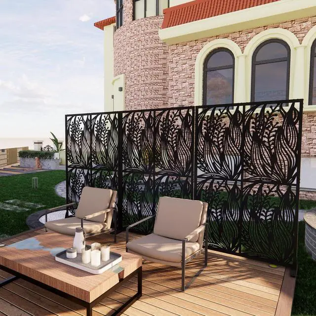 Alt view image 4 of 6 - Metal Outdoor Privacy Screens,W3.8Ft X H6Ft Decorative Fences,Outdoor and Indoor Privacy Panels with Stand,Free Standing Privacy Screen Divider for Balcony Patio Garden Room,Bird Leaf Shape