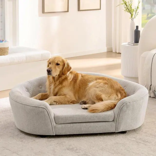 Main image of Large Dog Bed, Linen Upholstered Dog Sofa with Removable and Washable Cushion Cover, Comfy Oval Pet Bed with Supportive Foam and Button-Tufted Backrest, Elevated Pet Couch with Legs, Beige