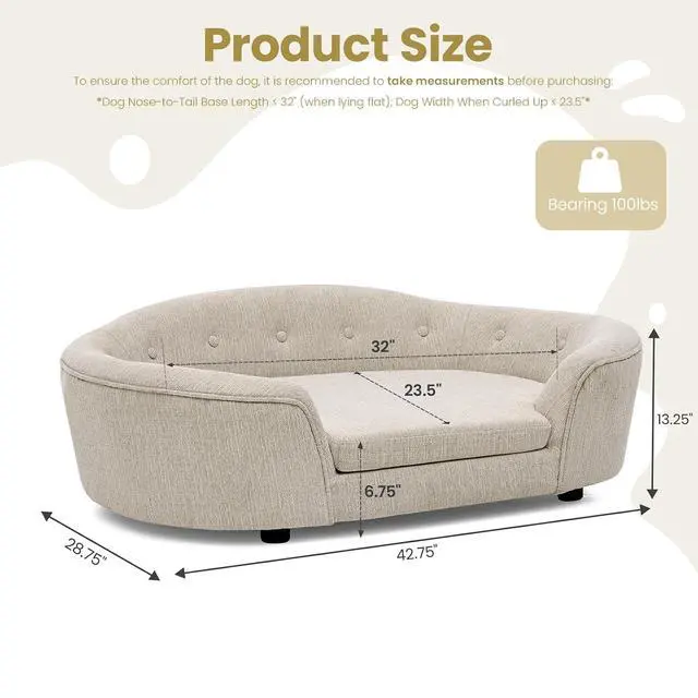 Alt view image 2 of 6 - Large Dog Bed, Linen Upholstered Dog Sofa with Removable and Washable Cushion Cover, Comfy Oval Pet Bed with Supportive Foam and Button-Tufted Backrest, Elevated Pet Couch with Legs, Beige