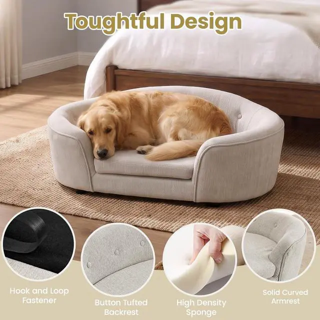 Alt view image 4 of 6 - Large Dog Bed, Linen Upholstered Dog Sofa with Removable and Washable Cushion Cover, Comfy Oval Pet Bed with Supportive Foam and Button-Tufted Backrest, Elevated Pet Couch with Legs, Beige