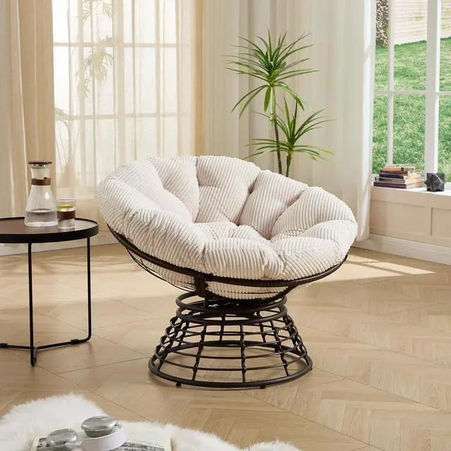 Alt view image 3 of 7 - Wicker Papasan Chair with Removable Cushion, 360° Swivel Rattan Patio Chair with Soft Thick Cushion, Comfy Reading Lounger for Outdoor Indoor Living Room, Bedroom, Reading Room, White