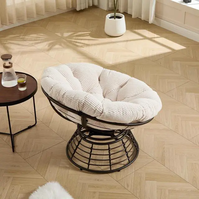 Alt view image 4 of 7 - Wicker Papasan Chair with Removable Cushion, 360° Swivel Rattan Patio Chair with Soft Thick Cushion, Comfy Reading Lounger for Outdoor Indoor Living Room, Bedroom, Reading Room, White