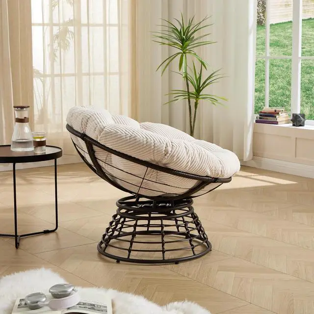 Alt view image 5 of 7 - Wicker Papasan Chair with Removable Cushion, 360° Swivel Rattan Patio Chair with Soft Thick Cushion, Comfy Reading Lounger for Outdoor Indoor Living Room, Bedroom, Reading Room, White