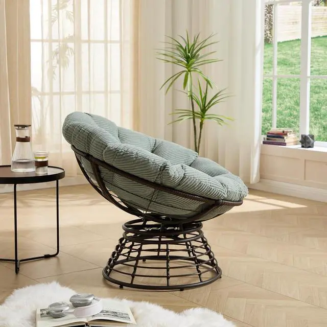 Alt view image 4 of 7 - Wicker Papasan Chair with Removable Cushion, 360° Swivel Rattan Patio Chair with Soft Thick Cushion, Comfy Reading Lounger for Outdoor Indoor Living Room, Bedroom, Reading Room, Light Green