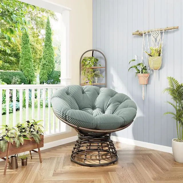 Alt view image 3 of 7 - Wicker Papasan Chair with Removable Cushion, 360° Swivel Rattan Patio Chair with Soft Thick Cushion, Comfy Reading Lounger for Outdoor Indoor Living Room, Bedroom, Reading Room, Light Green