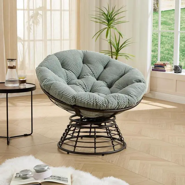Alt view image 2 of 7 - Wicker Papasan Chair with Removable Cushion, 360° Swivel Rattan Patio Chair with Soft Thick Cushion, Comfy Reading Lounger for Outdoor Indoor Living Room, Bedroom, Reading Room, Light Green