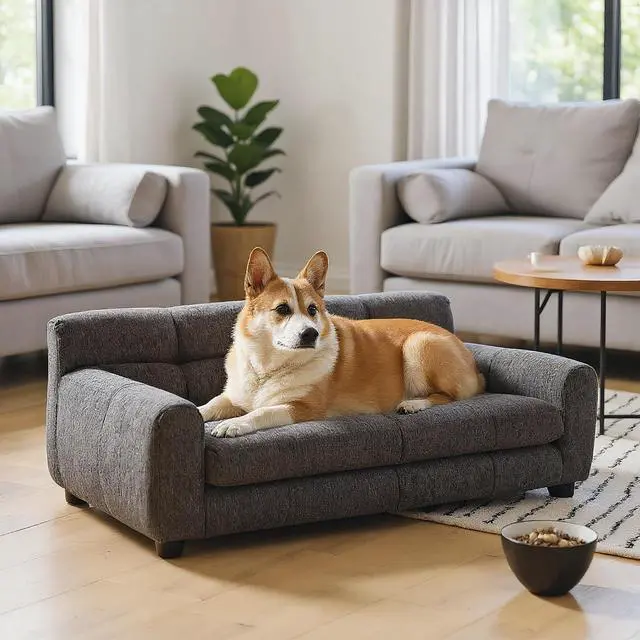 Main image of 38" Dog Sofa Bed, Elevated Dog Bed with Backrest and Armrests, Soft Memory Foam Couches for Small and Medium-Sized Pets, Durable Linen Pet Couch Furniture, Dark Gray