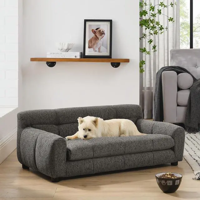 Alt view image 3 of 7 - 38" Dog Sofa Bed, Elevated Dog Bed with Backrest and Armrests, Soft Memory Foam Couches for Small and Medium-Sized Pets, Durable Linen Pet Couch Furniture, Dark Gray