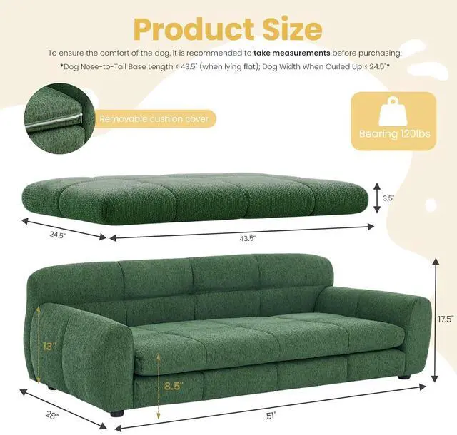 Alt view image 2 of 7 - 51" XL Dog Bed Couch, Elevated Large Dog Sofa with Backrest and Armrests, Soft Memory Foam Extra Large Pet Bed with Removable Cushion, Durable Linen Pet Couch Furniture, Green