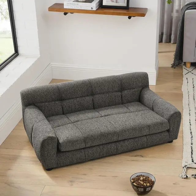 Alt view image 6 of 7 - 38" Dog Sofa Bed, Elevated Dog Bed with Backrest and Armrests, Soft Memory Foam Couches for Small and Medium-Sized Pets, Durable Linen Pet Couch Furniture, Dark Gray
