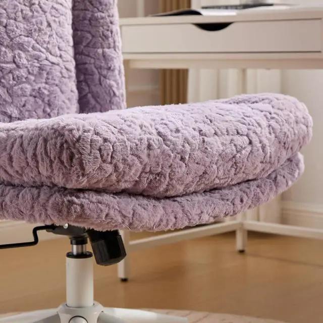 Alt view image 7 of 7 - Armless Faux Fur Vanity Chair, 360° Swivel Office Chair with Wheels, Wide Seat Desk Chair with Low Back and Metal Base, Adjustable Height Rolling Stool for Home Office, Meditation & Makeup, Violet