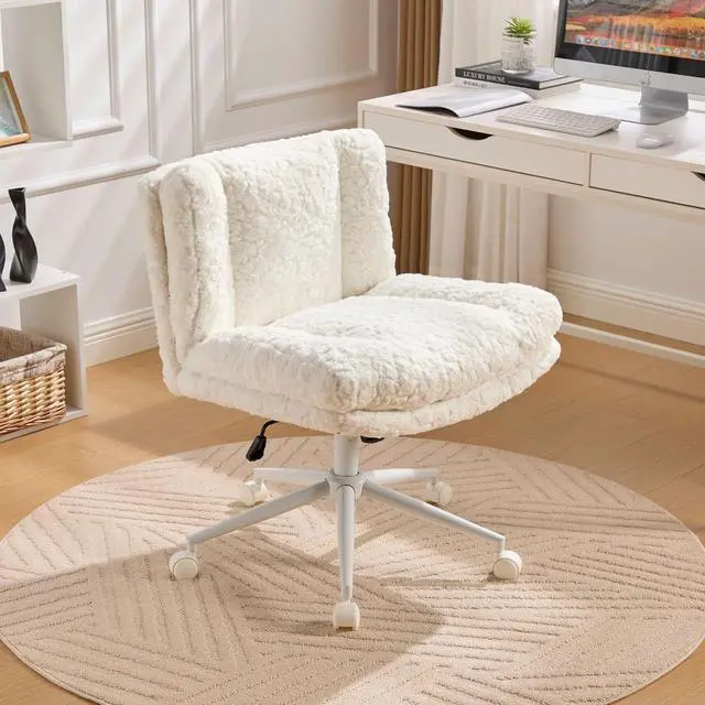 Main image of Armless Faux Fur Vanity Chair, 360° Swivel Office Chair with Wheels, Wide Seat Desk Chair with Low Back and Metal Base, Adjustable Height Rolling Stool for Home Office, Meditation & Makeup, Cream