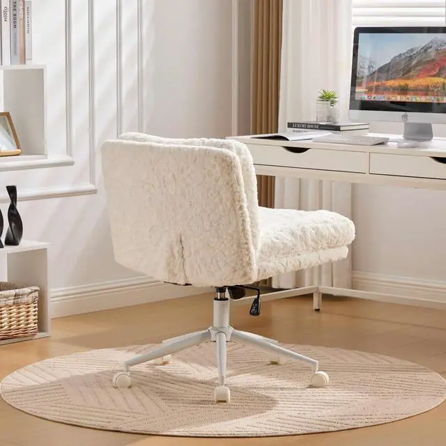 Alt view image 5 of 7 - Armless Faux Fur Vanity Chair, 360° Swivel Office Chair with Wheels, Wide Seat Desk Chair with Low Back and Metal Base, Adjustable Height Rolling Stool for Home Office, Meditation & Makeup, Cream