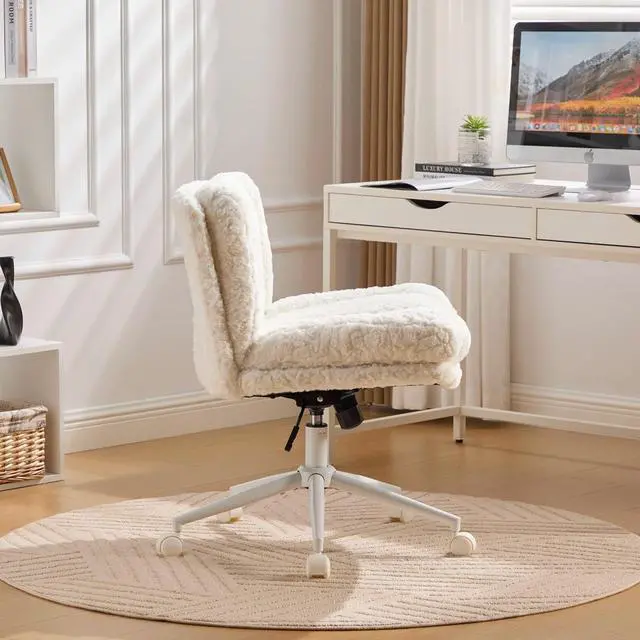 Alt view image 4 of 7 - Armless Faux Fur Vanity Chair, 360° Swivel Office Chair with Wheels, Wide Seat Desk Chair with Low Back and Metal Base, Adjustable Height Rolling Stool for Home Office, Meditation & Makeup, Cream