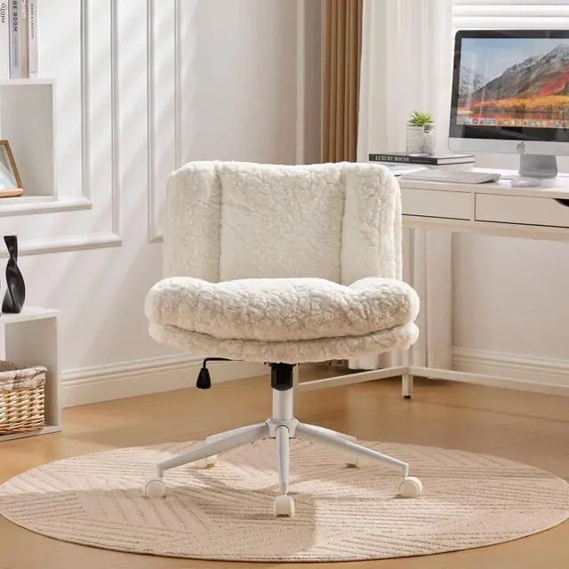Alt view image 3 of 7 - Armless Faux Fur Vanity Chair, 360° Swivel Office Chair with Wheels, Wide Seat Desk Chair with Low Back and Metal Base, Adjustable Height Rolling Stool for Home Office, Meditation & Makeup, Cream