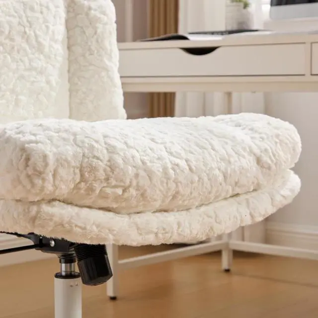 Alt view image 7 of 7 - Armless Faux Fur Vanity Chair, 360° Swivel Office Chair with Wheels, Wide Seat Desk Chair with Low Back and Metal Base, Adjustable Height Rolling Stool for Home Office, Meditation & Makeup, Cream