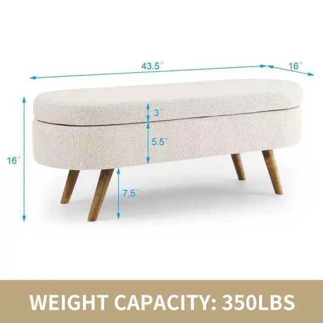 Alt view image 2 of 7 - 43.5" Storage Ottoman Bench, Linen Upholstered Bedroom Bench, Oval Shaped Ottoman with Rubber Wood Legs, Footrest Stool for End of Bed,Living Room, Entryway, Beige