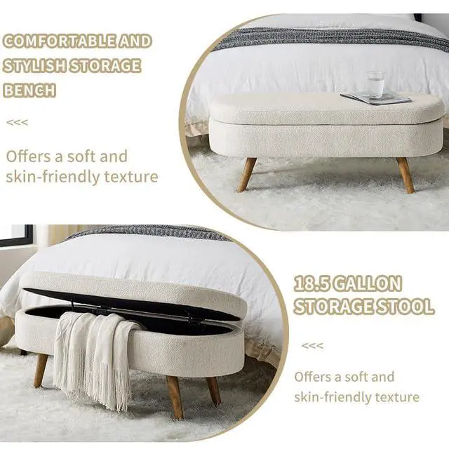 Alt view image 4 of 7 - 43.5" Storage Ottoman Bench, Linen Upholstered Bedroom Bench, Oval Shaped Ottoman with Rubber Wood Legs, Footrest Stool for End of Bed,Living Room, Entryway, Beige