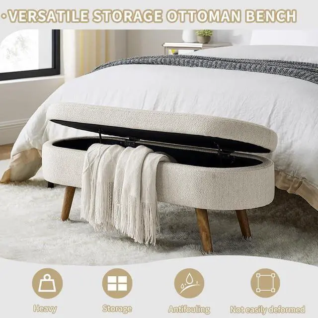 Alt view image 3 of 7 - 43.5" Storage Ottoman Bench, Linen Upholstered Bedroom Bench, Oval Shaped Ottoman with Rubber Wood Legs, Footrest Stool for End of Bed,Living Room, Entryway, Beige