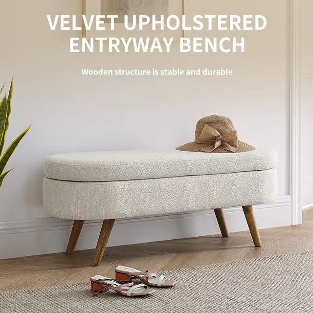 Alt view image 5 of 7 - 43.5" Storage Ottoman Bench, Linen Upholstered Bedroom Bench, Oval Shaped Ottoman with Rubber Wood Legs, Footrest Stool for End of Bed,Living Room, Entryway, Beige
