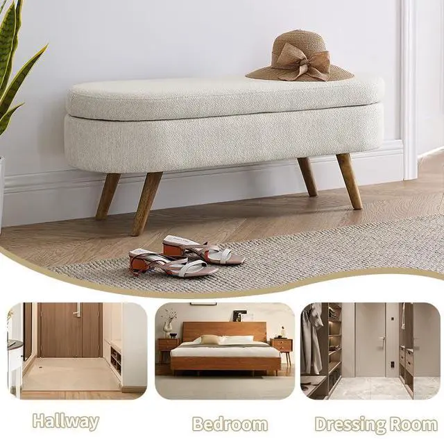 Alt view image 6 of 7 - 43.5" Storage Ottoman Bench, Linen Upholstered Bedroom Bench, Oval Shaped Ottoman with Rubber Wood Legs, Footrest Stool for End of Bed,Living Room, Entryway, Beige