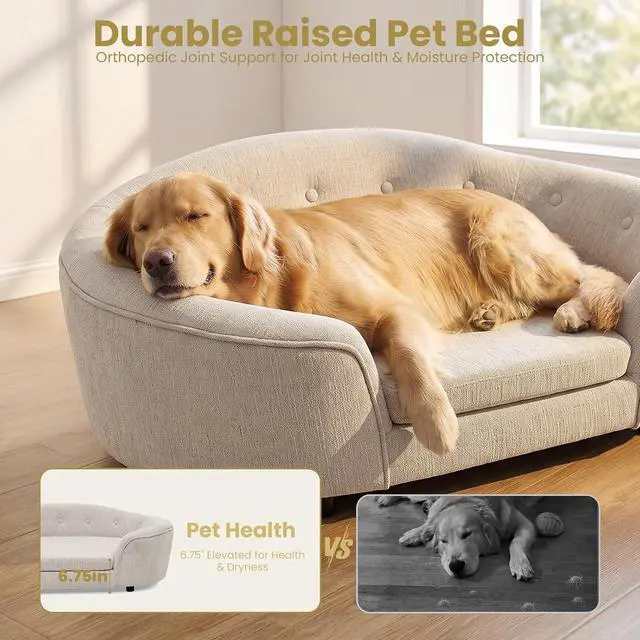 Alt view image 5 of 6 - Large Dog Bed, Linen Upholstered Dog Sofa with Removable and Washable Cushion Cover, Comfy Oval Pet Bed with Supportive Foam and Button-Tufted Backrest, Elevated Pet Couch with Legs, Beige