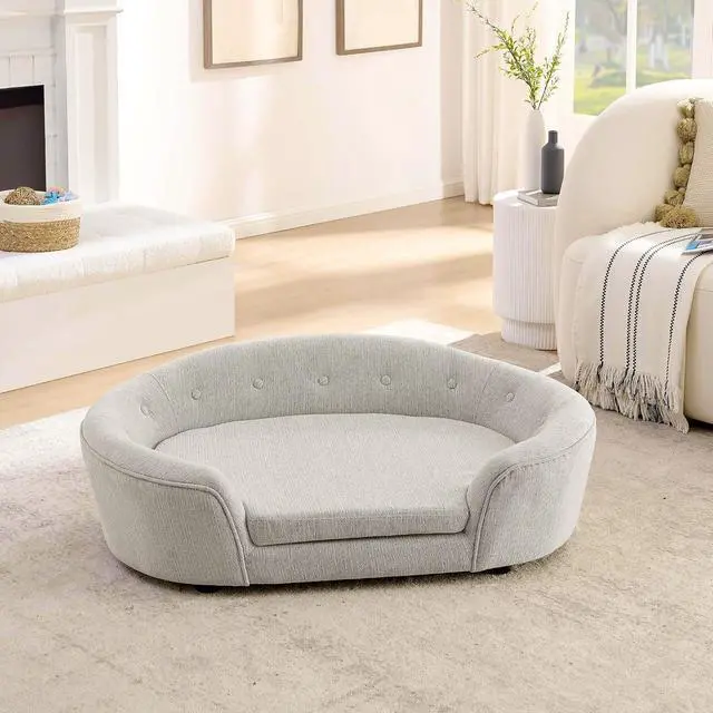 Alt view image 6 of 6 - Large Dog Bed, Linen Upholstered Dog Sofa with Removable and Washable Cushion Cover, Comfy Oval Pet Bed with Supportive Foam and Button-Tufted Backrest, Elevated Pet Couch with Legs, Beige