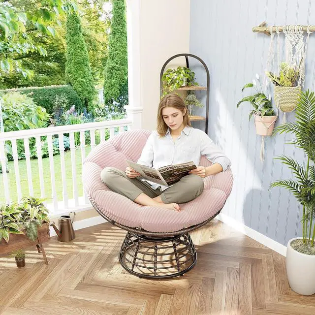 Main image of Wicker Papasan Chair with Removable Cushion, 360° Swivel Rattan Patio Chair with Soft Thick Cushion, Comfy Reading Lounger for Outdoor Indoor Living Room, Bedroom, Reading Room, Pink