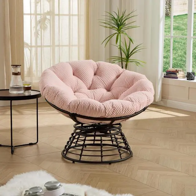 Alt view image 3 of 7 - Wicker Papasan Chair with Removable Cushion, 360° Swivel Rattan Patio Chair with Soft Thick Cushion, Comfy Reading Lounger for Outdoor Indoor Living Room, Bedroom, Reading Room, Pink