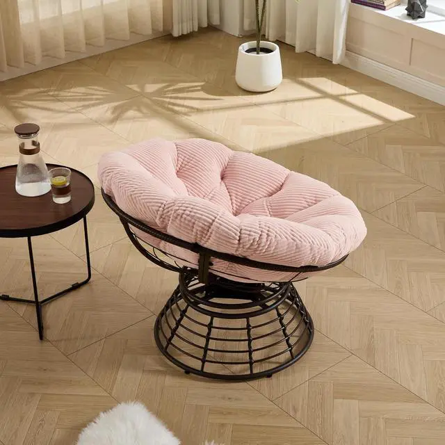 Alt view image 4 of 7 - Wicker Papasan Chair with Removable Cushion, 360° Swivel Rattan Patio Chair with Soft Thick Cushion, Comfy Reading Lounger for Outdoor Indoor Living Room, Bedroom, Reading Room, Pink