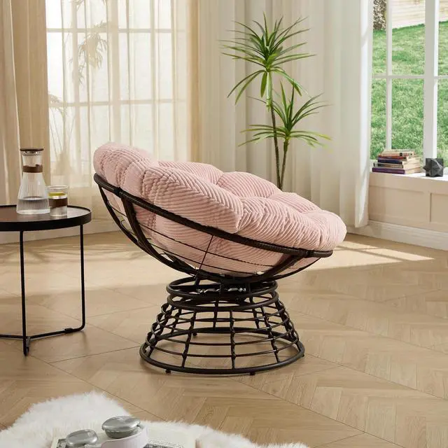 Alt view image 5 of 7 - Wicker Papasan Chair with Removable Cushion, 360° Swivel Rattan Patio Chair with Soft Thick Cushion, Comfy Reading Lounger for Outdoor Indoor Living Room, Bedroom, Reading Room, Pink