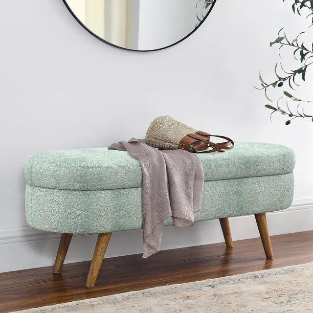 Main image of 43.5" Storage Ottoman Bench, Upholstered Bedroom Bench, Oval Shaped Ottoman with Rubber Wood Legs, Foot Stool for End of Bed,Living Room, Entryway, Cyan