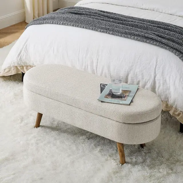 Alt view image 7 of 7 - 43.5" Storage Ottoman Bench, Linen Upholstered Bedroom Bench, Oval Shaped Ottoman with Rubber Wood Legs, Footrest Stool for End of Bed,Living Room, Entryway, Beige