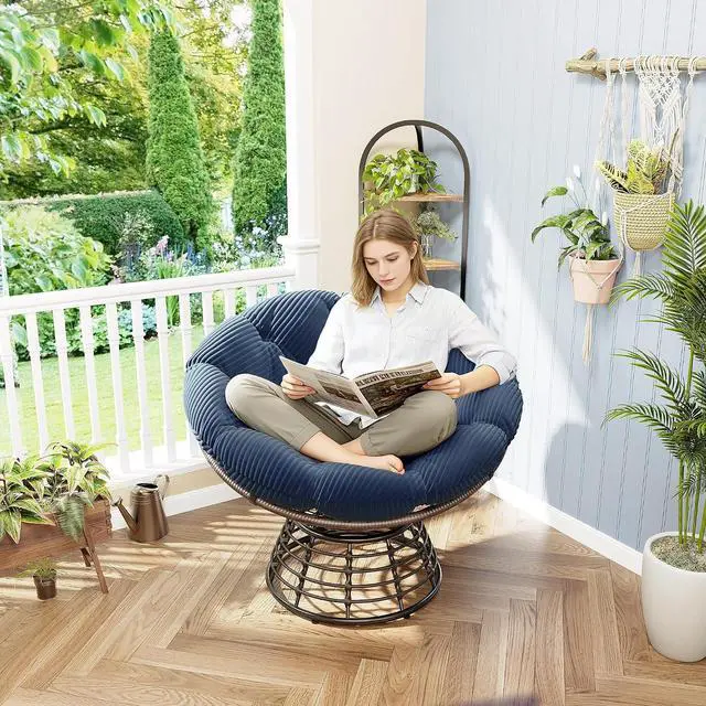 Main image of Wicker Papasan Chair with Removable Cushion, 360° Swivel Rattan Patio Chair with Soft Thick Cushion, Comfy Reading Lounger for Outdoor Indoor Living Room, Bedroom, Reading Room, Navy Blue