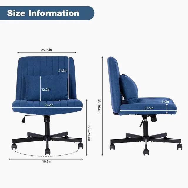 Alt view image 2 of 7 - Vanity Chair with Back, Adjustable Height Criss Cross Desk Chair with Wheels, Armless Swivel Rolling Stool with Angle Adjustable Back and Back Pillow for Home Office, Meditation & Makeup, Linen, Blue