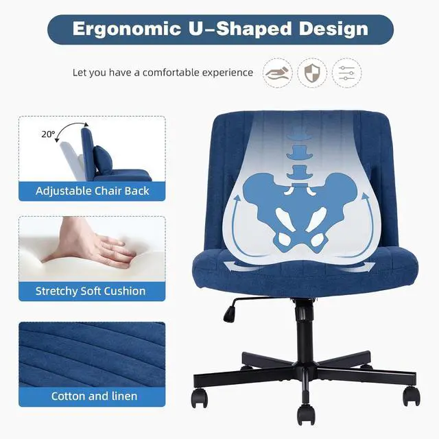 Alt view image 3 of 7 - Vanity Chair with Back, Adjustable Height Criss Cross Desk Chair with Wheels, Armless Swivel Rolling Stool with Angle Adjustable Back and Back Pillow for Home Office, Meditation & Makeup, Linen, Blue