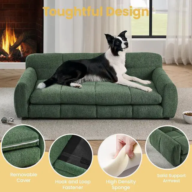 Alt view image 4 of 7 - 51" XL Dog Bed Couch, Elevated Large Dog Sofa with Backrest and Armrests, Soft Memory Foam Extra Large Pet Bed with Removable Cushion, Durable Linen Pet Couch Furniture, Green