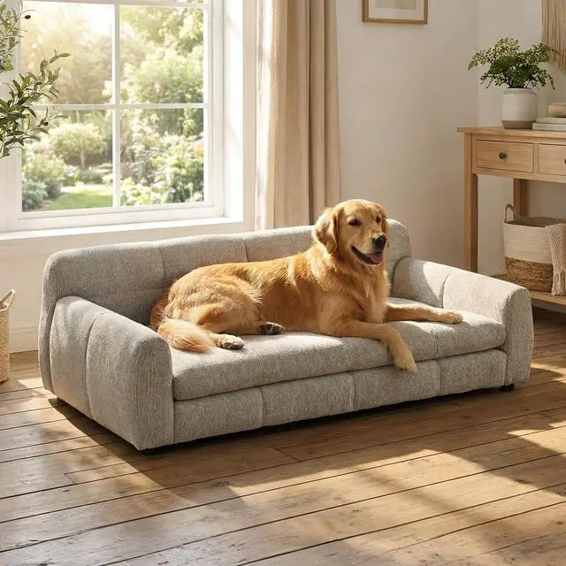 Main image of 51" XL Dog Bed Couch, Elevated Large Dog Sofa with Backrest and Armrests, Soft Memory Foam Extra Large Pet Bed with Removable Cushion, Durable Linen Pet Couch Furniture, Beige