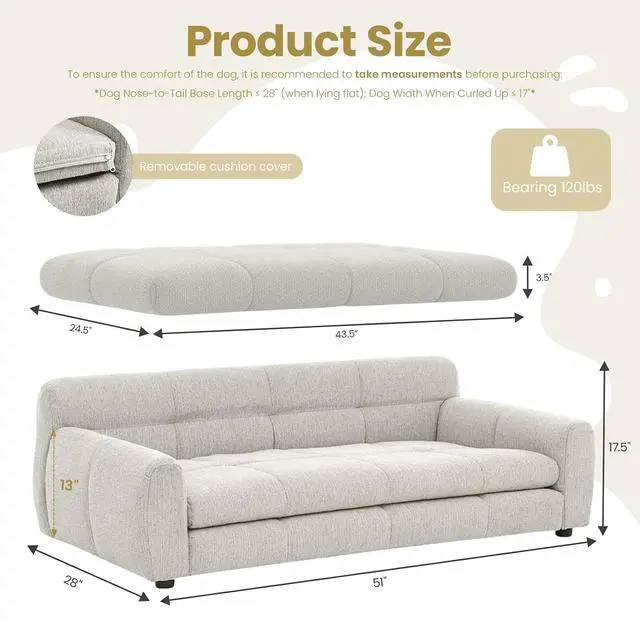 Alt view image 2 of 7 - 51" XL Dog Bed Couch, Elevated Large Dog Sofa with Backrest and Armrests, Soft Memory Foam Extra Large Pet Bed with Removable Cushion, Durable Linen Pet Couch Furniture, Beige
