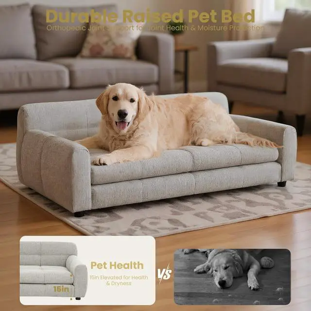 Alt view image 6 of 7 - 51" XL Dog Bed Couch, Elevated Large Dog Sofa with Backrest and Armrests, Soft Memory Foam Extra Large Pet Bed with Removable Cushion, Durable Linen Pet Couch Furniture, Beige