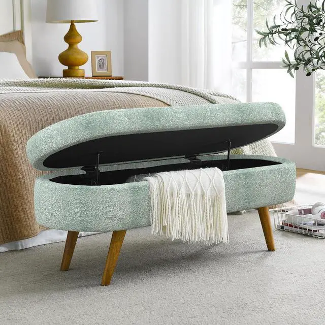Alt view image 5 of 7 - 43.5" Storage Ottoman Bench, Upholstered Bedroom Bench, Oval Shaped Ottoman with Rubber Wood Legs, Foot Stool for End of Bed,Living Room, Entryway, Cyan