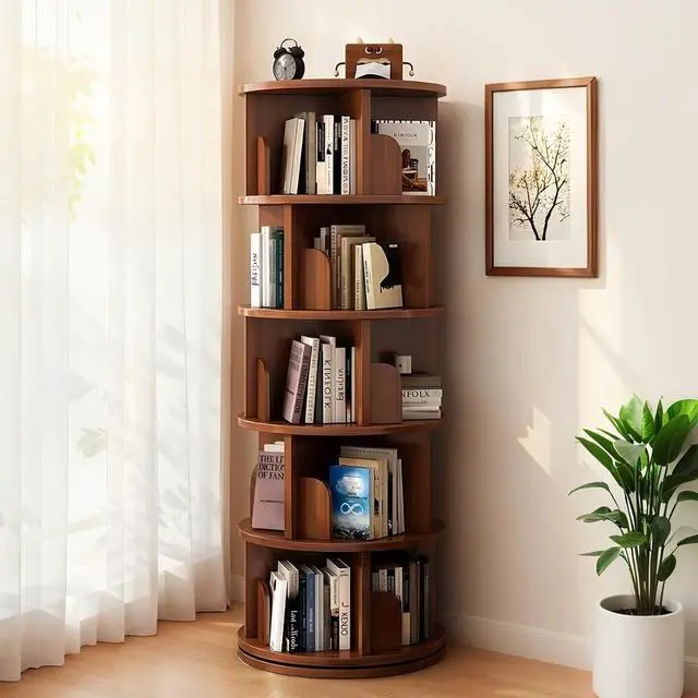 Main image of 5 Tier Corner Bookshelf, 360° Rotating Tall Bookcase with Side Panels, Space Saving Round Spinning Display Shelf, Storage Tower Rack for Bedroom, Living Room, Small Space, Office, Walnut
