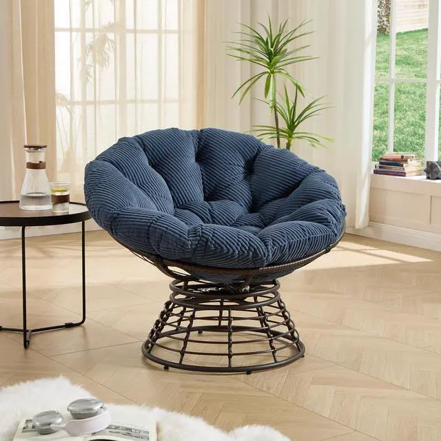 Alt view image 3 of 7 - Wicker Papasan Chair with Removable Cushion, 360° Swivel Rattan Patio Chair with Soft Thick Cushion, Comfy Reading Lounger for Outdoor Indoor Living Room, Bedroom, Reading Room, Navy Blue