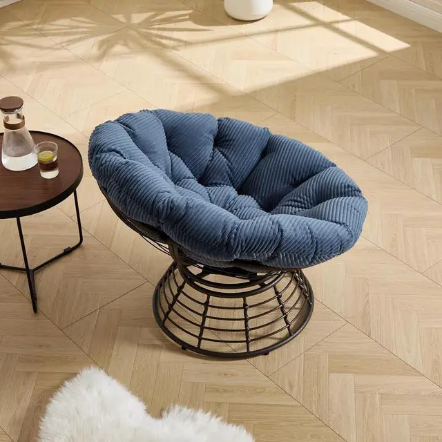 Alt view image 4 of 7 - Wicker Papasan Chair with Removable Cushion, 360° Swivel Rattan Patio Chair with Soft Thick Cushion, Comfy Reading Lounger for Outdoor Indoor Living Room, Bedroom, Reading Room, Navy Blue