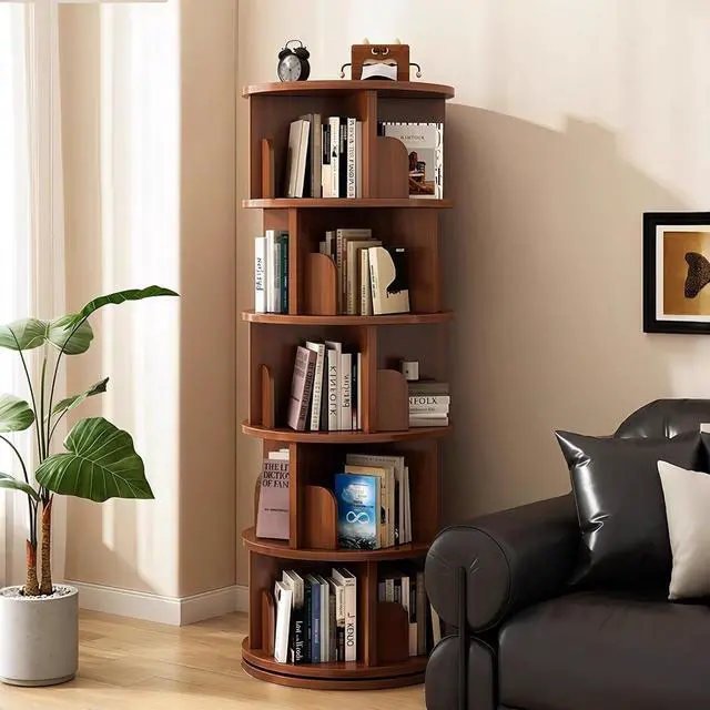 Alt view image 3 of 7 - 5 Tier Corner Bookshelf, 360° Rotating Tall Bookcase with Side Panels, Space Saving Round Spinning Display Shelf, Storage Tower Rack for Bedroom, Living Room, Small Space, Office, Walnut
