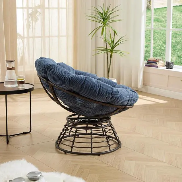 Alt view image 5 of 7 - Wicker Papasan Chair with Removable Cushion, 360° Swivel Rattan Patio Chair with Soft Thick Cushion, Comfy Reading Lounger for Outdoor Indoor Living Room, Bedroom, Reading Room, Navy Blue