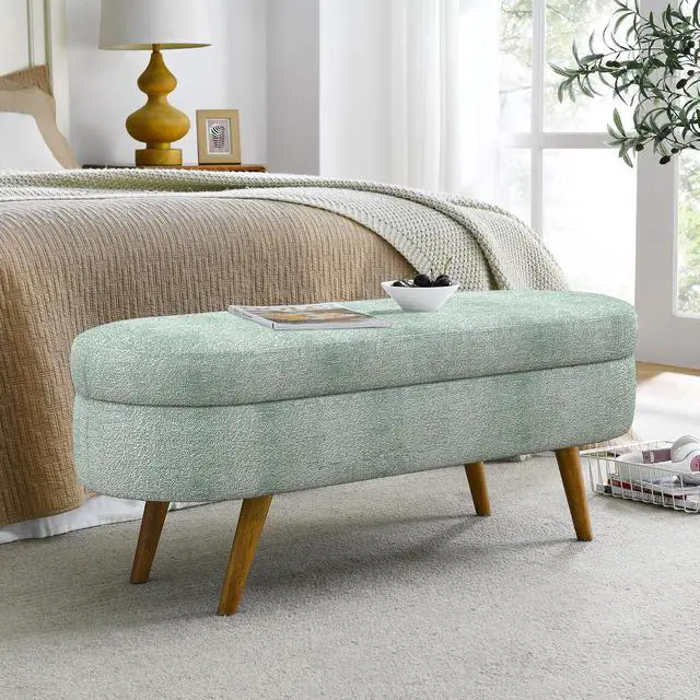 Alt view image 2 of 7 - 43.5" Storage Ottoman Bench, Upholstered Bedroom Bench, Oval Shaped Ottoman with Rubber Wood Legs, Foot Stool for End of Bed,Living Room, Entryway, Cyan