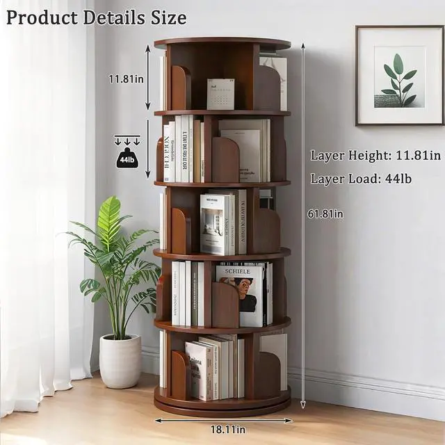 Alt view image 2 of 7 - 5 Tier Corner Bookshelf, 360° Rotating Tall Bookcase with Side Panels, Space Saving Round Spinning Display Shelf, Storage Tower Rack for Bedroom, Living Room, Small Space, Office, Walnut