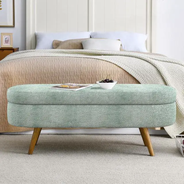 Alt view image 4 of 7 - 43.5" Storage Ottoman Bench, Upholstered Bedroom Bench, Oval Shaped Ottoman with Rubber Wood Legs, Foot Stool for End of Bed,Living Room, Entryway, Cyan